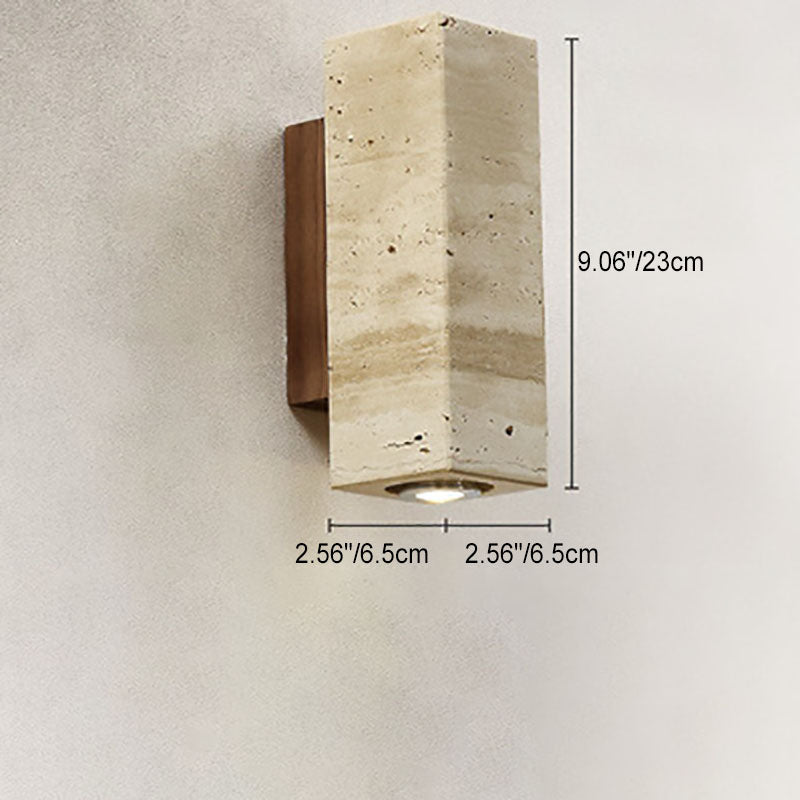 Japanischer Wabi-Sabi Runder Quadrat Gelber Travertin Gummi Holz 1-Licht Spotlight Wandleuchte 