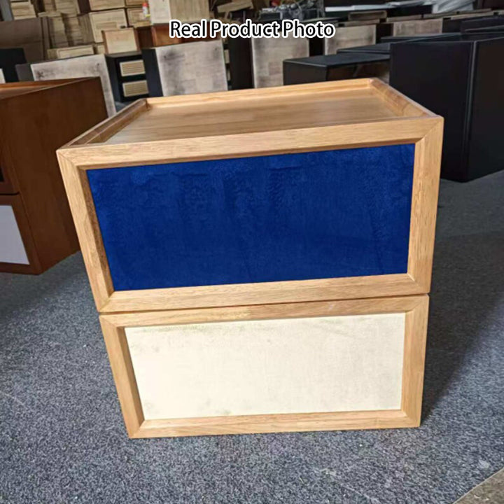 Moderner minimalistischer rechteckiger Nachttisch aus Gummibaumholz und massiver Kiefer mit 2 Schubladen für das Schlafzimmer 