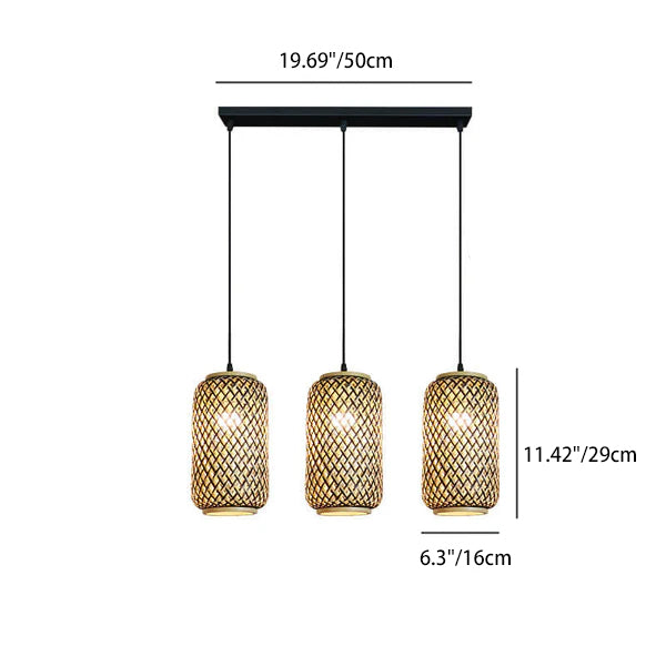 Lámpara colgante lineal de 3 luces con columna de bambú y hierro, estilo moderno minimalista, para comedor 