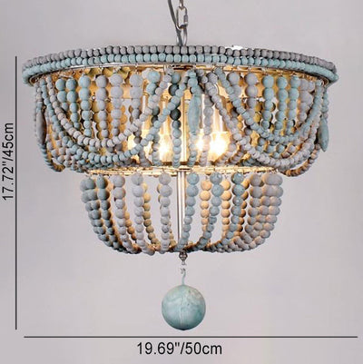 Lustre traditionnel rustique lanterne sphérique en fer et perles de bois à 4 lumières pour salon 