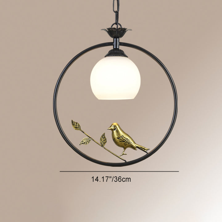 Traditionelle Vintage Eisenring Vogel Dekor Blume Glasschirm 1-Licht Pendelleuchte für Wohnzimmer 