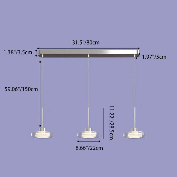 Zeitgenössische nordische rechteckige, runde Pendelleuchte aus Aluminium, Glas, Acryl und Edelstahl, 1/3 Licht LED-Inselleuchter für das Esszimmer 
