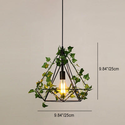 Luz colgante de 1 luz con hoja de sakura de diamante de vegetación simulada de cuerda de cáñamo de hierro retro contemporáneo para comedor 