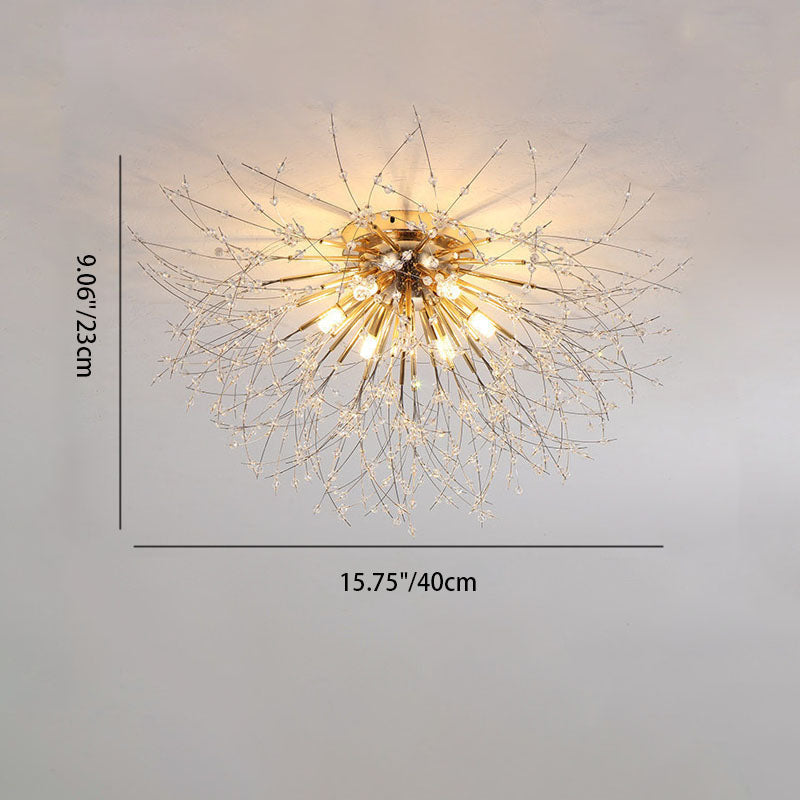 Modern Art Deco Crystal Beads Dandelion Aluminum Strip Shape 4/5/6/8-Light Semi-Flush Mount Ceiling Light For Living Room