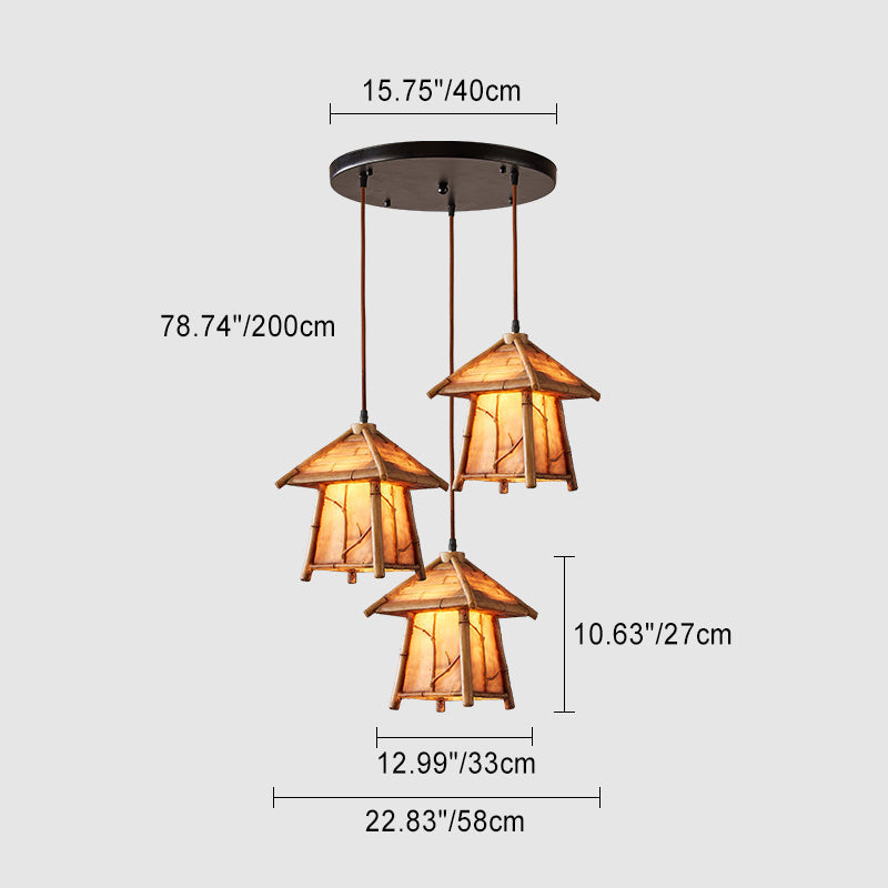 Traditioneller japanischer Harz-Eisen-Kupfer-Haus-Zylinder 1/3 Licht Insel-Licht-Kronleuchter für Esszimmer 