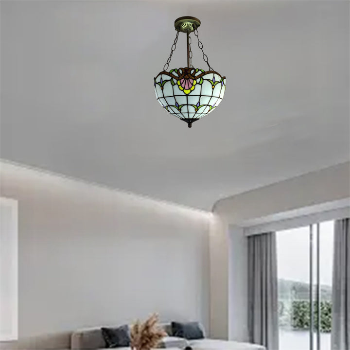 Traditionelle Tiffany Halbkugel Blumenkaromuster Eisenglas 2-flammige Pendelleuchte für Schlafzimmer 