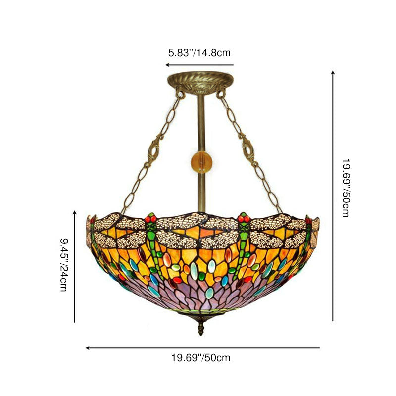 Traditional Vintage Tiffany Dragonfly Stained Glass 3-Light Chandelier For Living Room