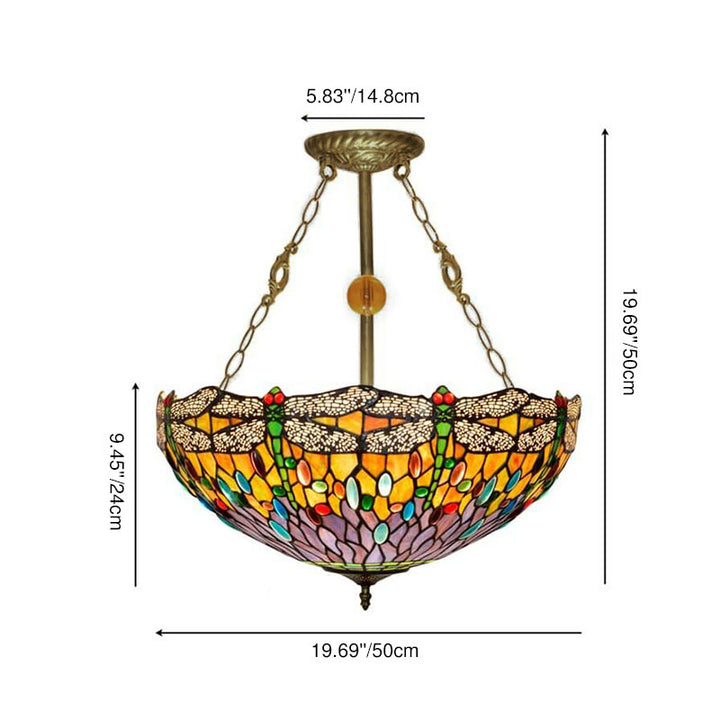 Traditional Vintage Tiffany Dragonfly Stained Glass 3-Light Chandelier For Living Room