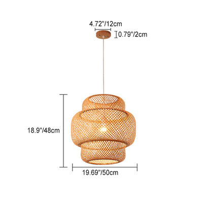 Traditional Japanese Cylinder Bamboo 1-Light Pendant Light For Living Room