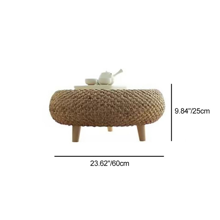 Traditional Japanese Round Rattan Mat Side Table Solid Wood Frame Side Table 1-Storage For Living Room