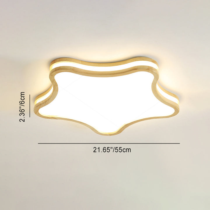 Contemporary Nordic Kids Rubber Wood Glass Star Cloud Moon LED Flush Mount Ceiling Light For Bedroom