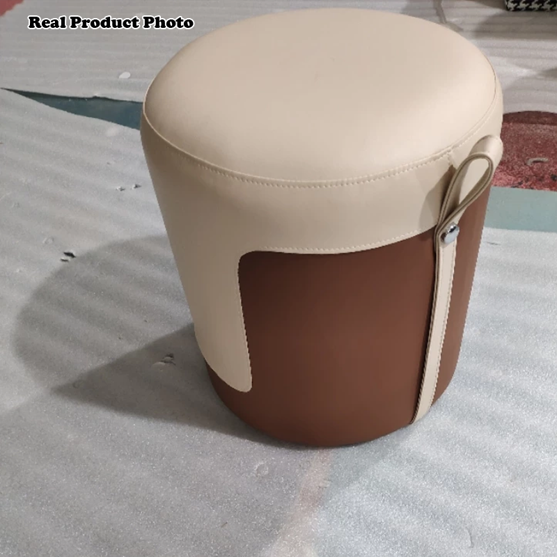 Contemporary Nordic Round Faux Leather Wood-Based Internal Frame Low Stool For Bedroom