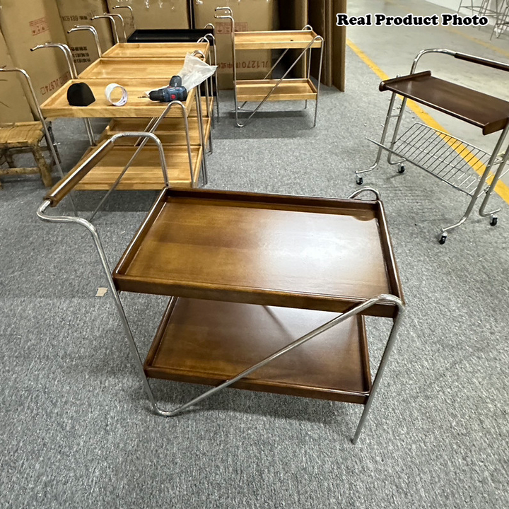 Zeitgenössischer Retro-Rechteckiger Beistelltisch aus Kautschukholz mit Tablettplatte, 2 Ebenen, rollender Wagen für das Wohnzimmer 