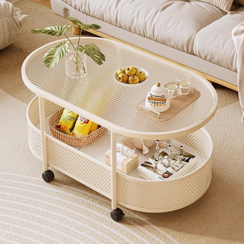 Modern Minimalist Rectangular Iron Plastic Tempered Glass Movable Coffee Table 2-Tier For Living Room