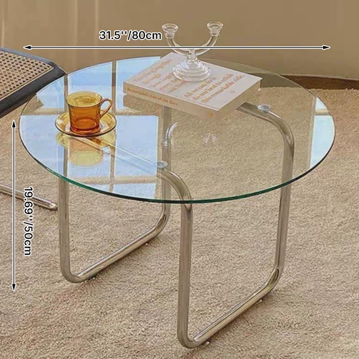 Moderner minimalistischer runder Glastisch mit Stahlrohrbasis für das Wohnzimmer 