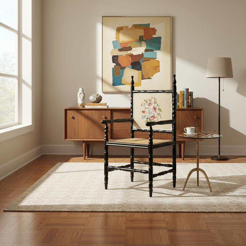 Traditioneller quadratischer Esszimmerstuhl aus Kautschukholz und Rattan im Vintage-Stil mit Rückenlehne und Armlehnen für das Esszimmer 