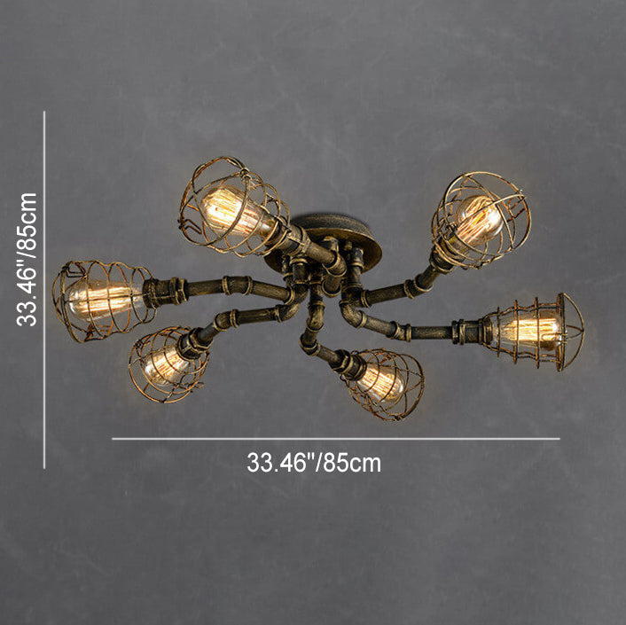 Industrial Vintage Water Pipe Round Iron 4/6/8 Light Flush Mount Ceiling Light