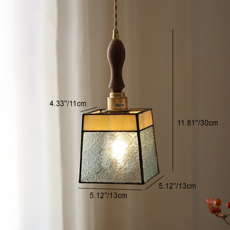 Lámpara colgante contemporánea retro de vidrio, latón, hierro, nogal cúbico trapezoidal de 1 luz para comedor 
