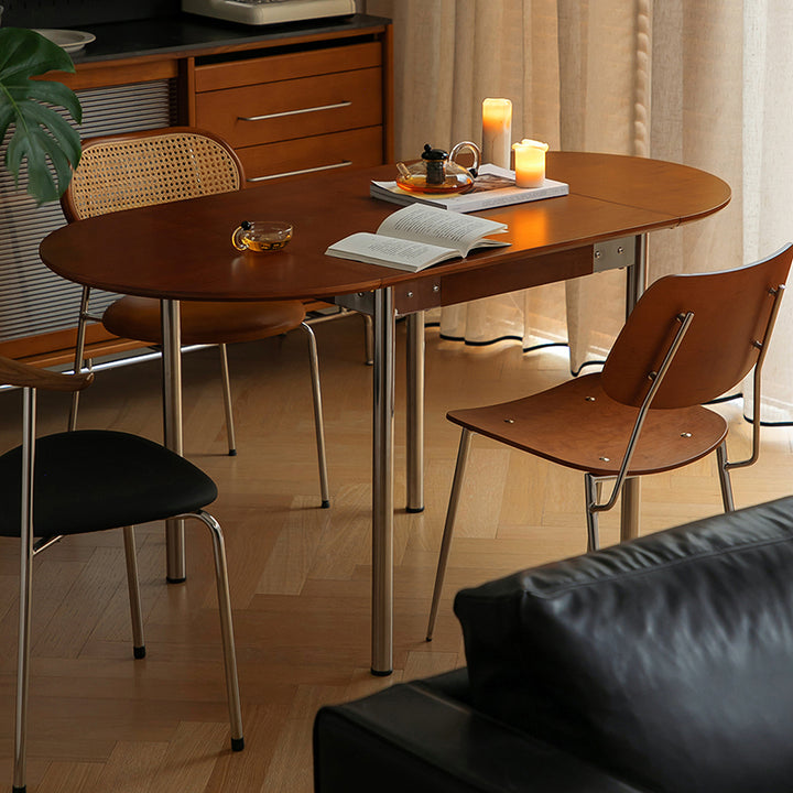Table à manger moderne minimaliste pliable ovale en bois avec plateau en mélamine pour 4 places en acier inoxydable 