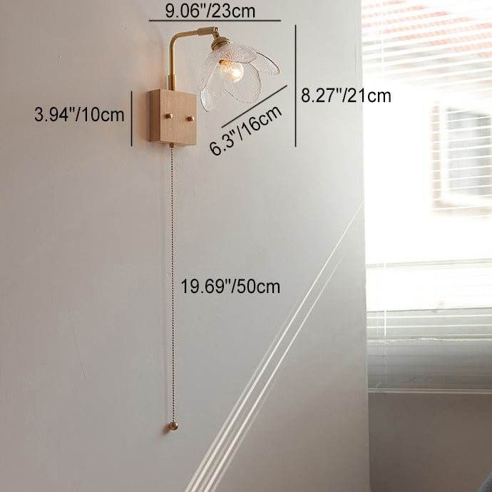 Lampe murale à tirette hémisphérique en bois, laiton, verre et fleur japonaise traditionnelle à 1 lumière pour chevet 