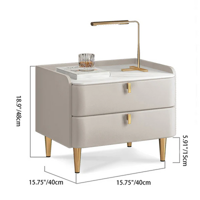 طاولة جانبية مستطيلة الشكل من الجلد الصناعي وخشب الصنوبر والفولاذ الكربوني بتصميم بسيط وحديث مع درجين 