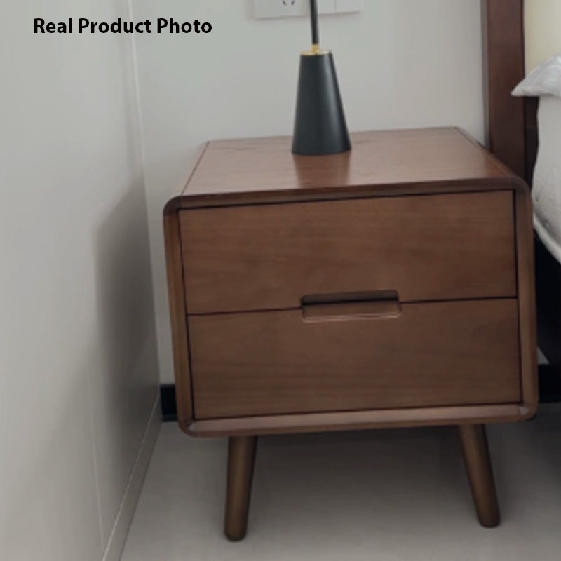 Traditional Chinese Oak Wood Pine Wood Rounded Rectangular Nightstand 2-Drawer For Bedroom