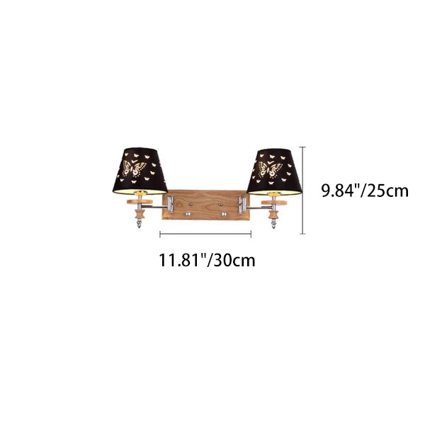 Zeitgenössische nordische Wandleuchte aus Eisen, Stoff und Kiefernholz in Schmetterlings-Kegelform, 1/2-flammig, für Wohnzimmer &amp; Schlafzimmer 