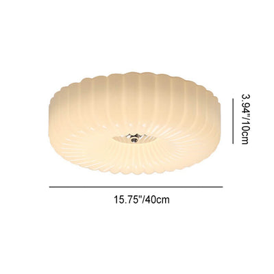 French Minimalist Cream Textured Glass Round LED Flush Mount Ceiling Light