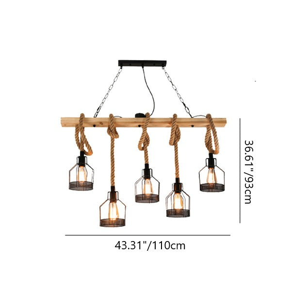 Lámpara de araña para isla de 3/5 luces estilo industrial contemporáneo con cuerda de cáñamo, bloques de madera, hierro y diseño de farol de cordel para salón 