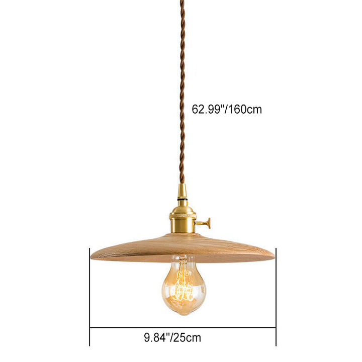 Contemporary Retro Ash Wood Copper Round Dish Irregular Grain 1-Light Pendant Light For Dining Room