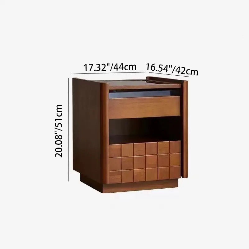 Traditional Vintage Checkered Pine Wood Glass Nightstand 2 -Drawer For Bedroom