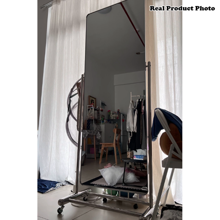 Modern Minimalist Rectangular Stainless Steel Glass Mobile Full-Length Floor Mirror For Living Room