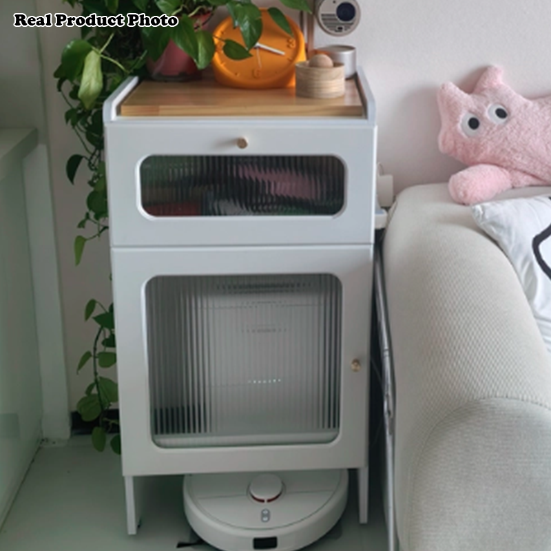 Mesa auxiliar nórdica contemporánea con franjas de vidrio, tablero y aglomerado, armario 1/2 con ruedas silenciosas para sala de estar 