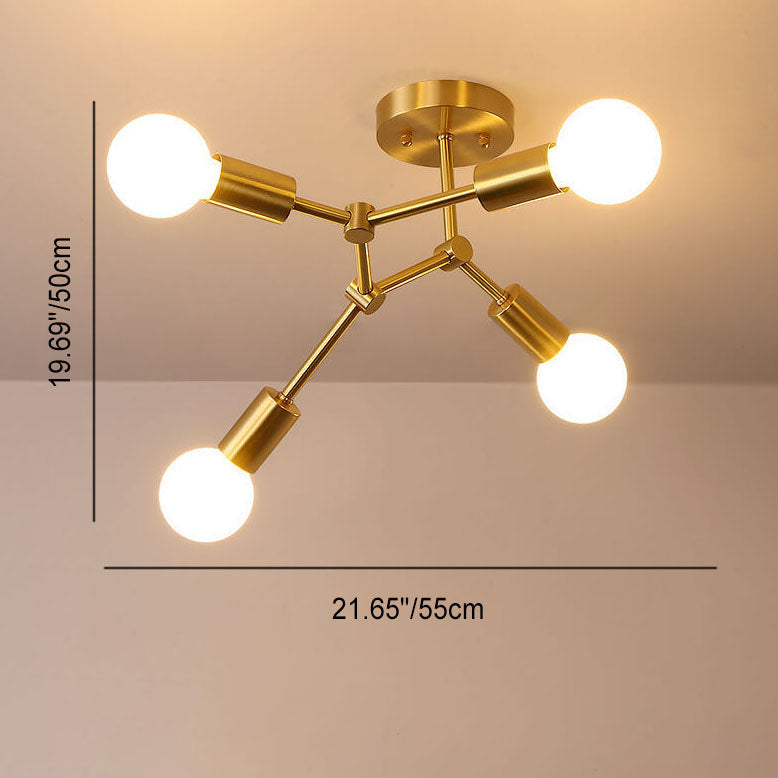 Contemporary Industrial Exposed Bulb Copper Branch 3/4 Light Semi-Flush Mount Ceiling Light For Living Room