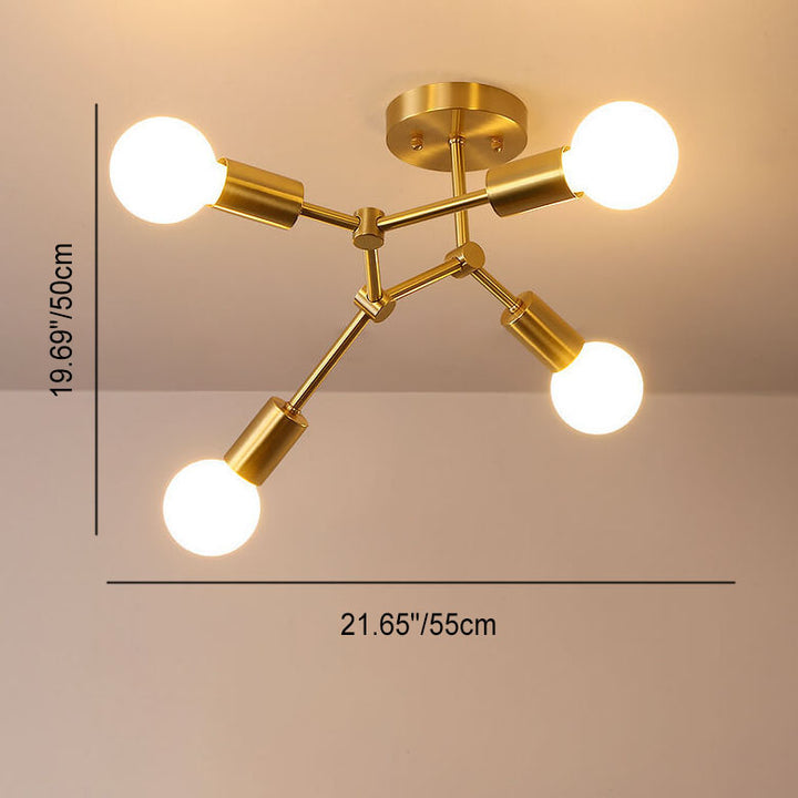Contemporary Industrial Exposed Bulb Copper Branch 3/4 Light Semi-Flush Mount Ceiling Light For Living Room