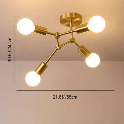 Industrial Simple Exposed Bulb Copper Branch 3/4 Light Semi-Flush Mount Ceiling Light