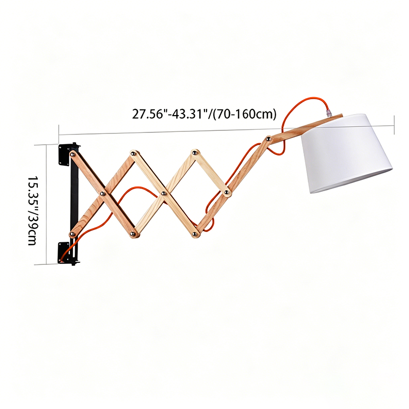 Traditional Vintage Linen Cone Ash Wood Iron Retractable Rotating 1-Light Wall Sconce Lamp for Living Room