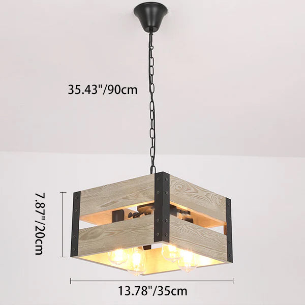 Chandelier Vintage Industriel en Bois avec Cage Carrée 1/4 Lumière 