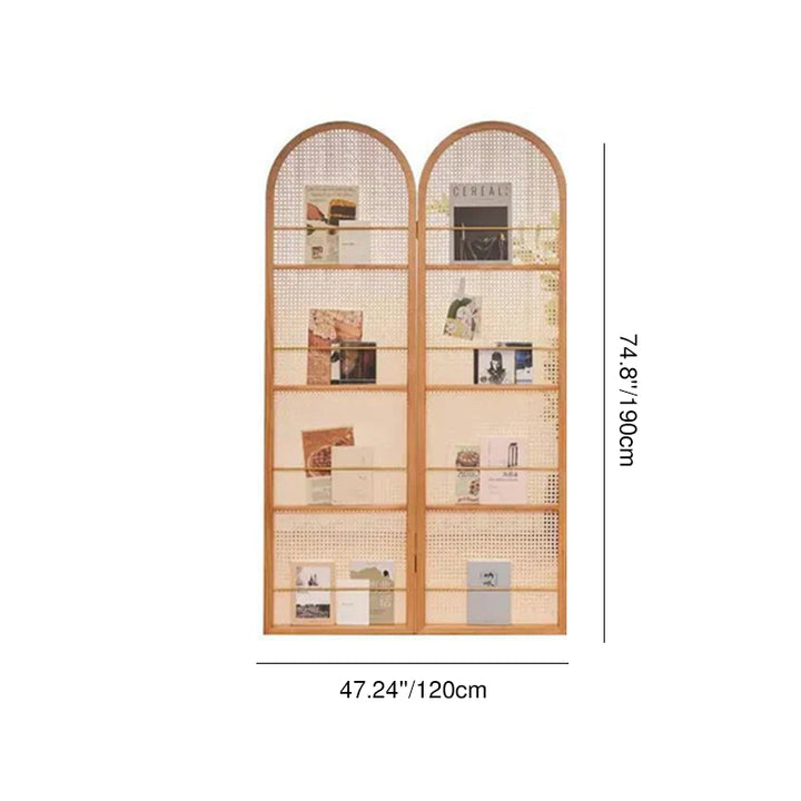 Contemporary Retro PVC Rattan Pine Wood Finish Movable Corner Shelf Unit Foldable 2/3/4-Panel Room Divider Storage Shelves For Living Room