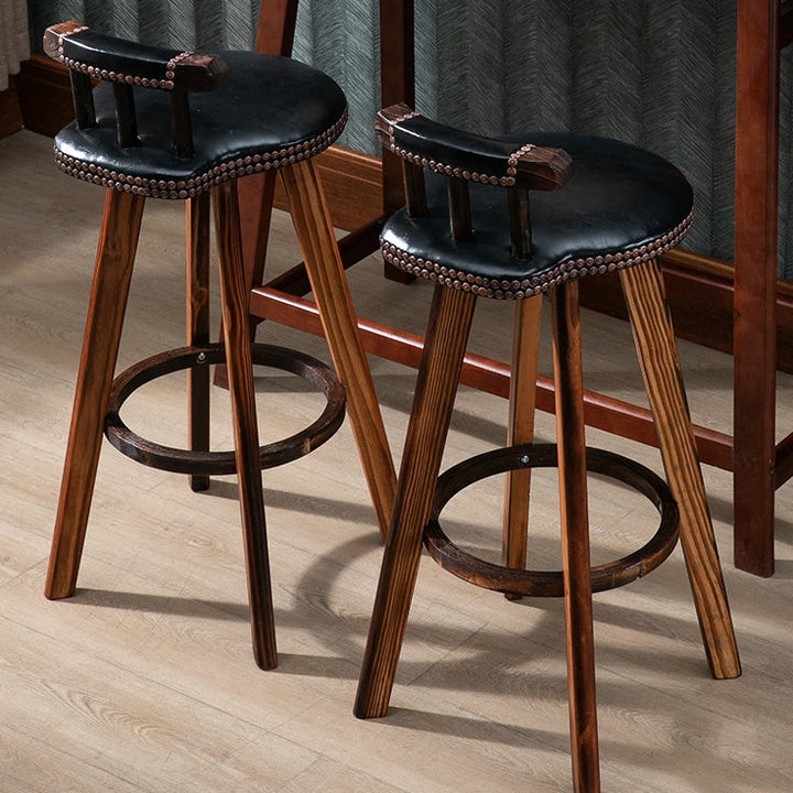 Tabouret de bar pivotant contemporain rétro rond en similicuir avec pieds en bois, dossier bas et repose-pieds pour salle à manger 