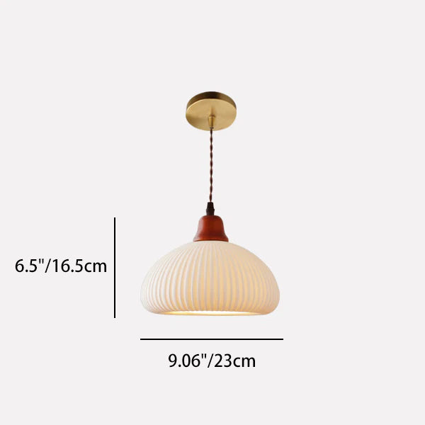 Traditional Japanese Pleated Round Dome Ceramic Solid Wood Iron 1-Light Pendant Light For Living Room &amp; Bedroom