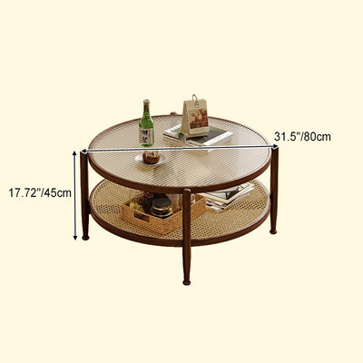 Traditioneller japanischer runder Glastisch aus Rattan und massivem Holz mit 2 Ebenen für das Wohnzimmer 
