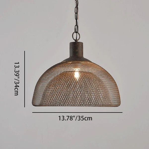Lámpara colgante contemporánea industrial de hierro forjado con herrajes, media pantalla redonda envejecida, 1 luz, para sala de estar 