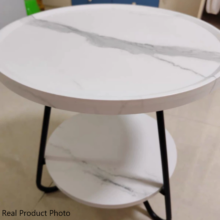 Mesa de Café Moderna Minimalista de Madera Maciza y Metal con Base Triangular Redonda para Sala de Estar 