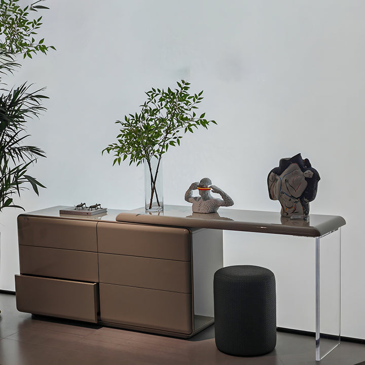 Modern Minimalist Khaki Makeup Vanity With Acrylic Legs &amp; 6-Drawer Storage Cabinet - E1 MDF Makeup Desk For Bedroom