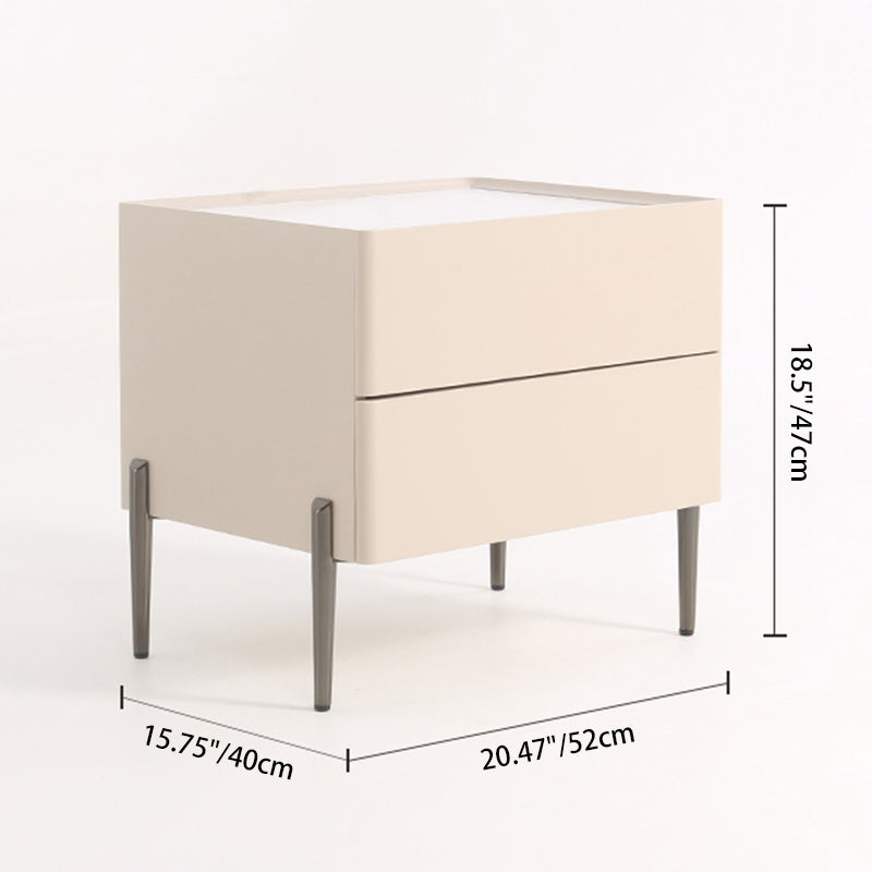 Contemporary Scandinavian Square Cream White 2-Drawer Storage Nightstand - Stone Slab Top Bedside Table For Bedroom