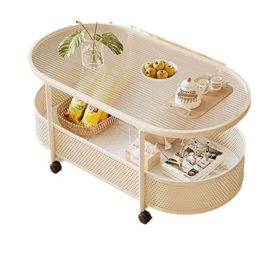 Modern Minimalist Rectangular Iron Plastic Tempered Glass Movable Coffee Table 2-Tier For Living Room