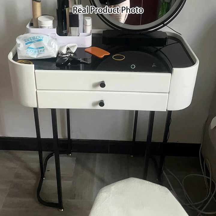 Modern Minimalist Iron Wood Glass PU Leather Rectangular Makeup Vanity &amp; Stool Set With LED Mirror &amp; 2 Drawers For Bedroom