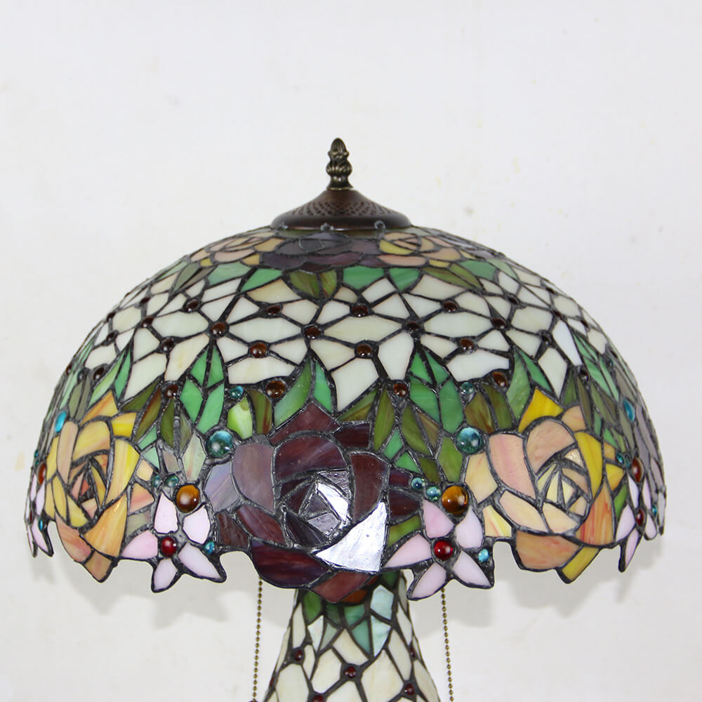 Tiffany Vintage Rosenblume Dekor Buntglas Kuppel 2-Licht Tischlampe 