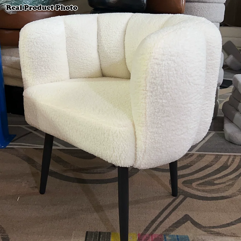 Taburete tocador moderno minimalista con cojín de asiento curvo, tela sherpa, esponja y acero al carbono, con respaldo y reposabrazos, para dormitorio 